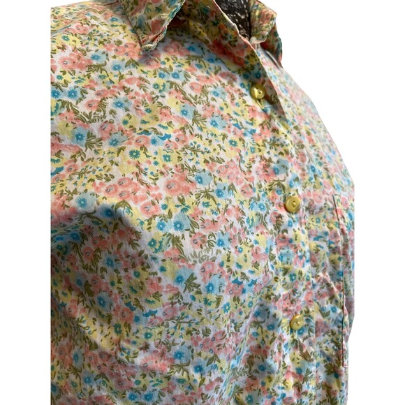 Vintage 90s Shirt Button Up Collar Short Sleeve Floral Yellow Pink Blue Cotton M - Picture 10 of 16